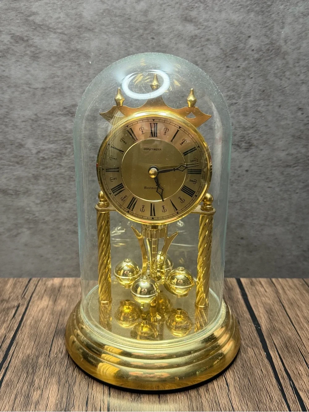 Vintage Concordia Brass Anniversary Clock – Westminster – Glass Dome works